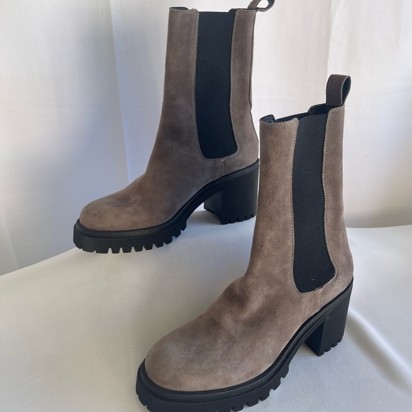Michele Lopriore Shoes - Women's Taupe Suede Chunky Chelsea Heeled Boots
